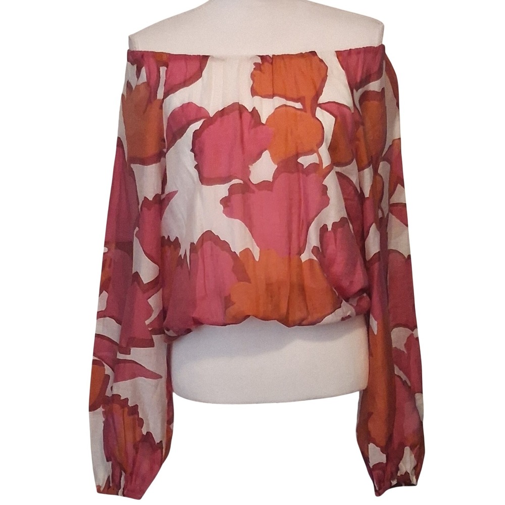 NWT Ann Taylor Factory Pink Orange Floral Off Shoulder Bubble Hem Blouse S